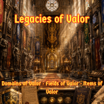 Legends of Thaloranth: Legacies of Valor cover featuring domains, mass combat, legacy items, and heroic achievements in the fantasy world of Vaeloraranth.