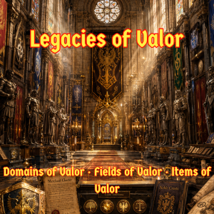 Legends of Thaloranth: Legacies of Valor cover featuring domains, mass combat, legacy items, and heroic achievements in the fantasy world of Vaeloraranth.
