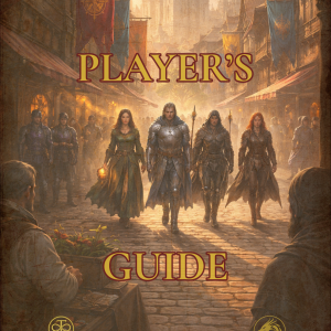 Legends of Thaloranth Player's Guide cover featuring four adventurers entering the city of Radia in the fantasy world of Vaeloraranth.