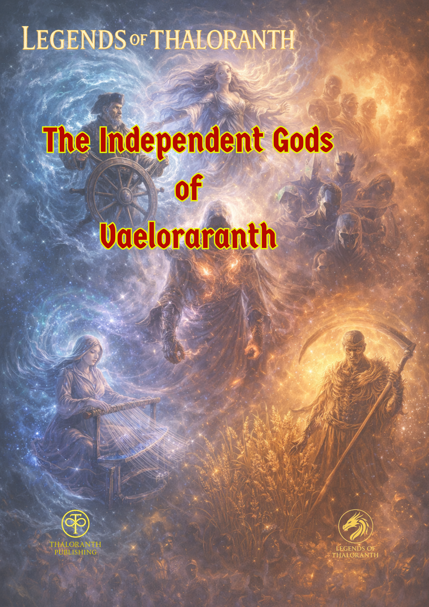 Cover of Legends of Thaloranth: The Independent Gods, a fantasy RPG sourcebook exploring the echo-born gods, their faiths, and their influence throughout Vaeloraranth.