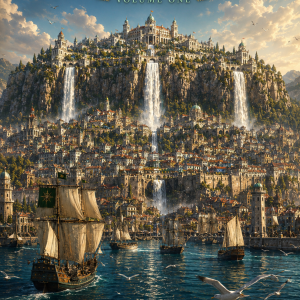 Cover of Legends of Thaloranth: Marisalor Gazetteer Volume One – Jewel of the Caligothian Mare, depicting the magnificent three-tiered city of Marisalor built atop towering cliffs with three massive waterfalls flowing into the Caligothian Mare.