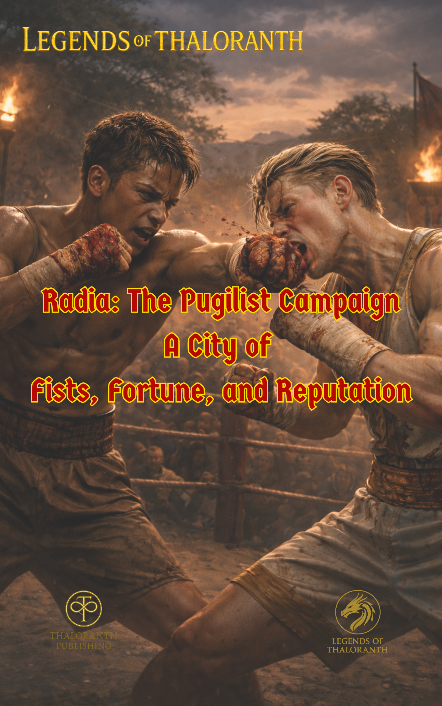 Cover of Legends of Thaloranth: Radia – The Pugilist Campaign, a fantasy RPG campaign centered on boxing, rivalry, and reputation in the city of Radia.