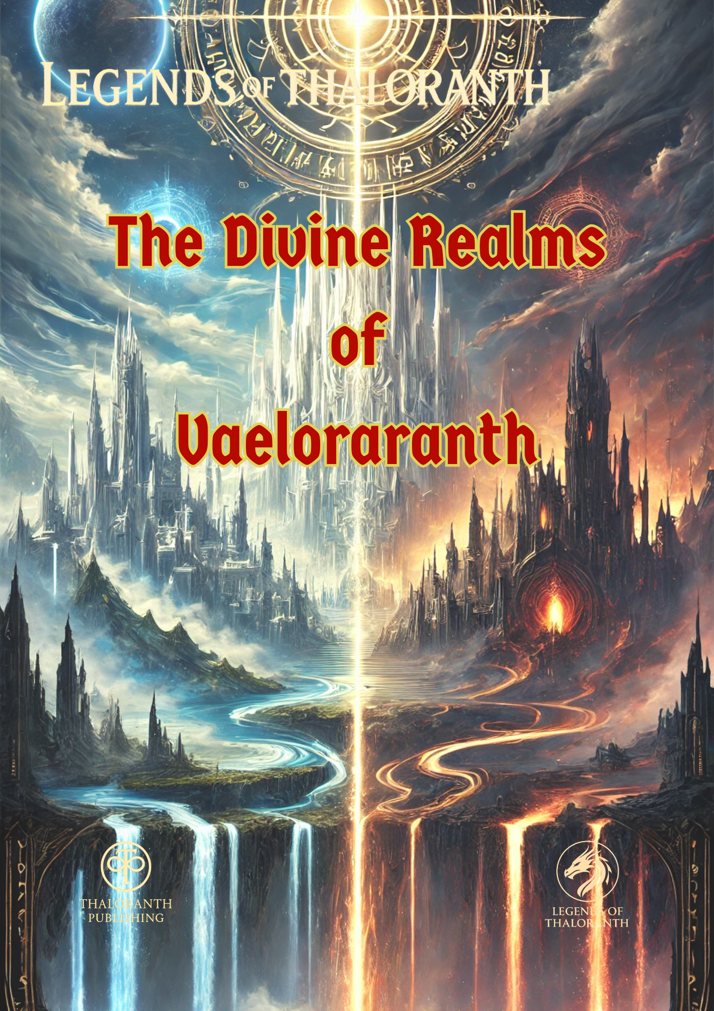 Cover of Legends of Thaloranth: The Divine Realms of Vaeloraranth, a fantasy RPG sourcebook exploring the celestial planes, corrupted realms, and cosmology of Vaeloraranth.