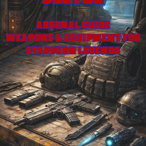 Cover of the Starburn Sector Arsenal Guide featuring futuristic weapons, armor, and tactical equipment for the Starburn Sector Legends RPG