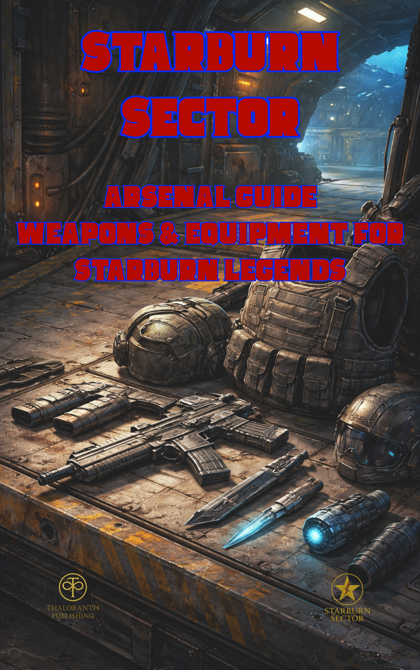 Cover of the Starburn Sector Arsenal Guide featuring futuristic weapons, armor, and tactical equipment for the Starburn Sector Legends RPG