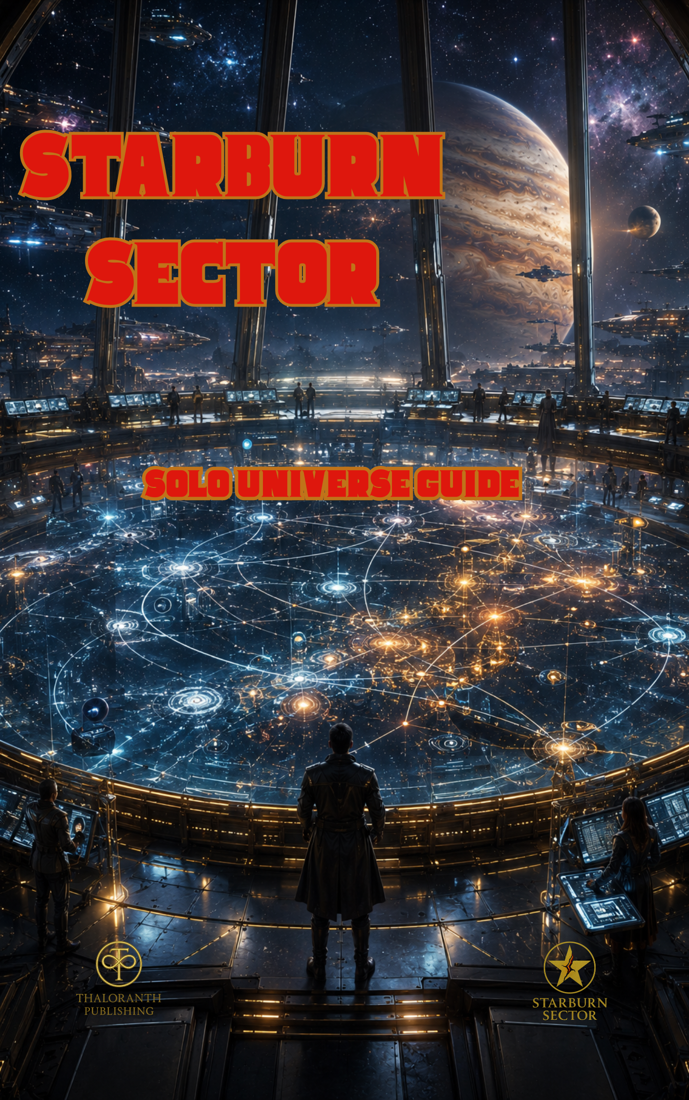 Cover of Starburn Sector Solo Universe Guide, showing a futuristic observation chamber overlooking a massive holographic star map beneath a giant gas giant planet.