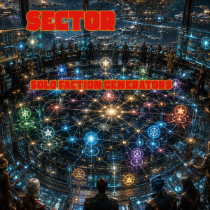 Cover of Starburn Sector Solo Faction Generators, featuring representatives gathered around a massive holographic map of interconnected factions aboard a futuristic space station.