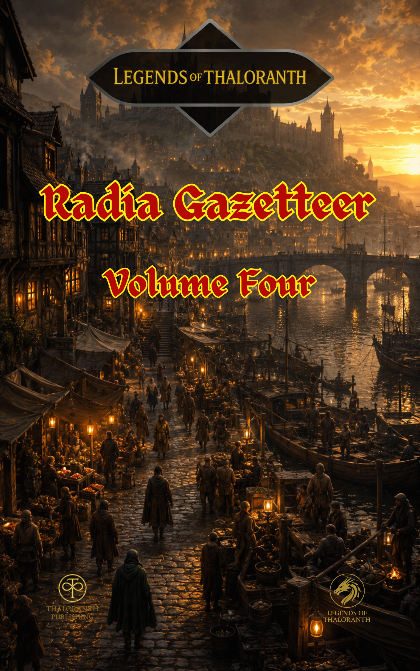 Cover of Legends of Thaloranth: The Radia Gazetteer Volume Four: Musubi-shima – A Guide to Boatside, a fantasy RPG sourcebook exploring Radia's floating district and its Shirogane heritage.