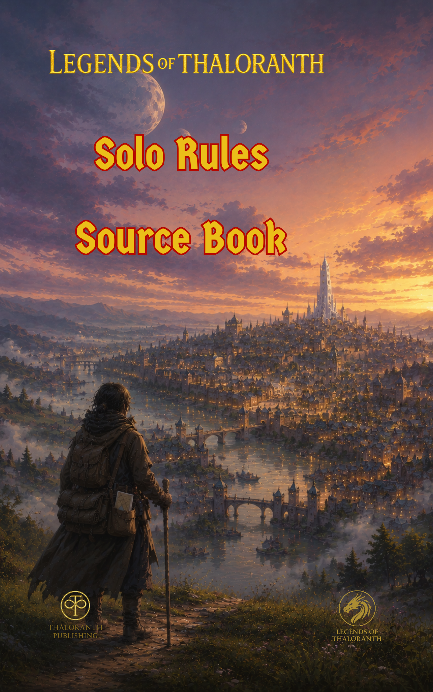 Cover of Legends of Thaloranth: Solo Rules Sourcebook, a fantasy RPG supplement providing complete solo roleplaying rules, Oracle mechanics, and campaign tools.