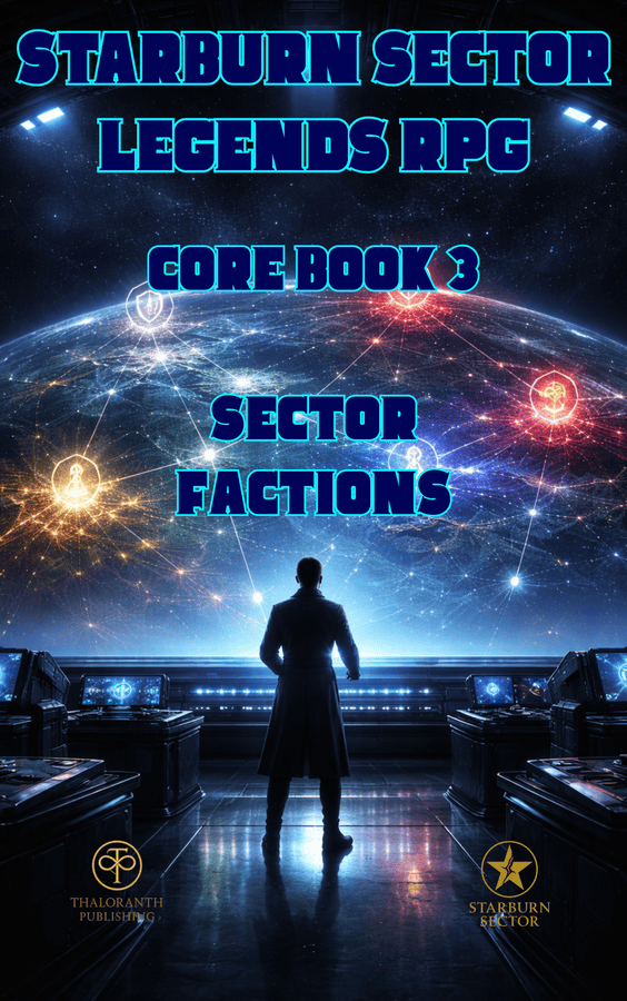 Starburn Sector Legends RPG Core Book 3 Sector Factions cover showing a strategist overlooking the political powers of the Starburn Sector.