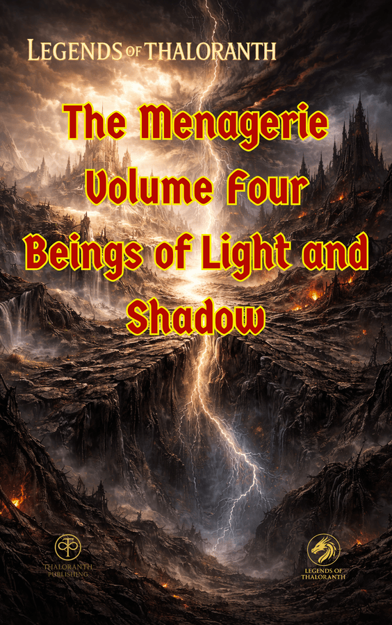 Legends of Thaloranth: Menagerie Volume Four: Beings of Light and Shadow cover featuring celestials, Netherlords, Voidspawn, and supernatural beings from the fantasy world of Vaeloraranth.