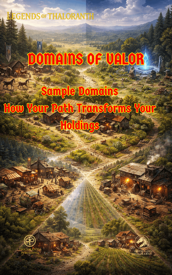 Cover of Domains of Valor: Sample Farm Domains, a Legends of Thaloranth supplement showing how character Paths transform ranches, farms, and domain holdings.