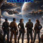 Starburn Sector Legends RPG science fiction roleplaying game featuring a crew overlooking starships, space stations, and a frontier world.