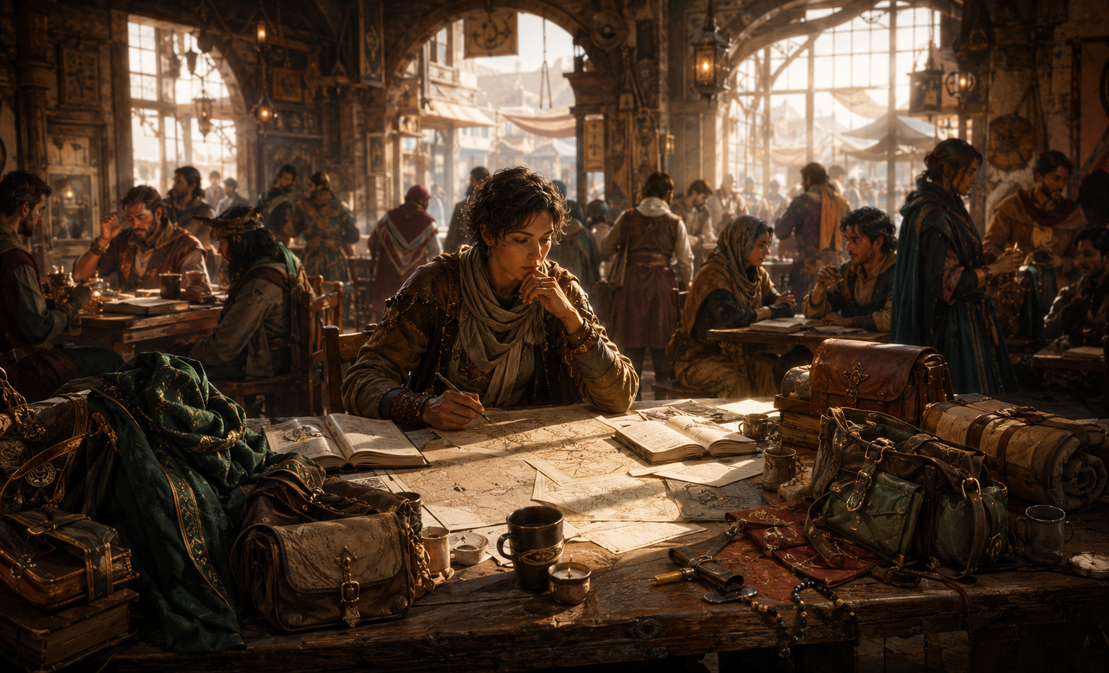 Character creation in Legends of Thaloranth as an adventurer studies maps, journals, and equipment in a busy khave house.