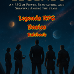 Cover of the Starburn Sector Legends RPG Basics Rulebook, a science fiction tabletop roleplaying game featuring a crew overlooking space from a starship observation deck.