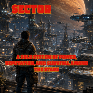 Cover of Starburn Sector Solo System, a solo science fiction roleplaying game featuring a lone explorer overlooking a vast futuristic city beneath a giant gas giant planet.