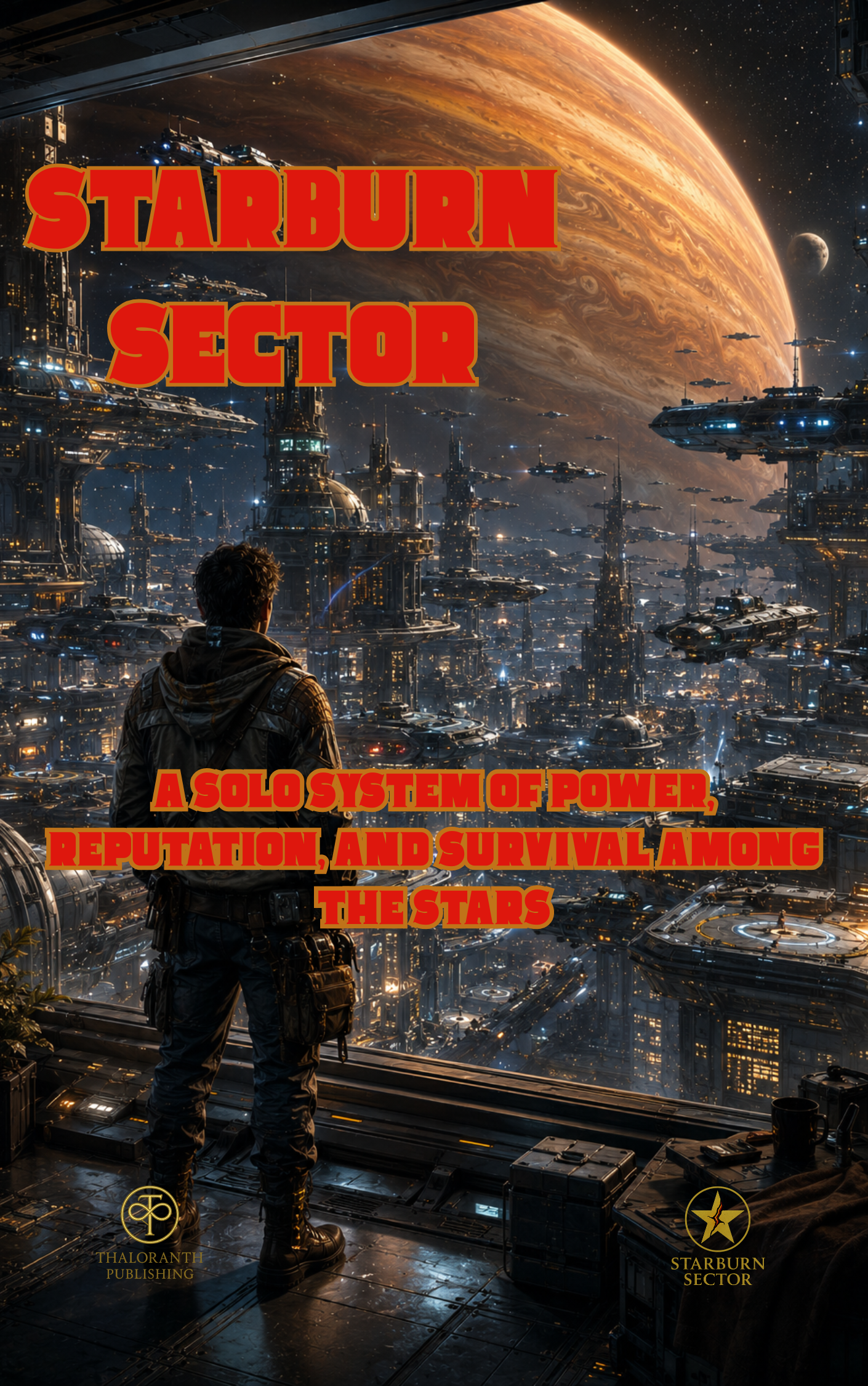 Cover of Starburn Sector Solo System, a solo science fiction roleplaying game featuring a lone explorer overlooking a vast futuristic city beneath a giant gas giant planet.