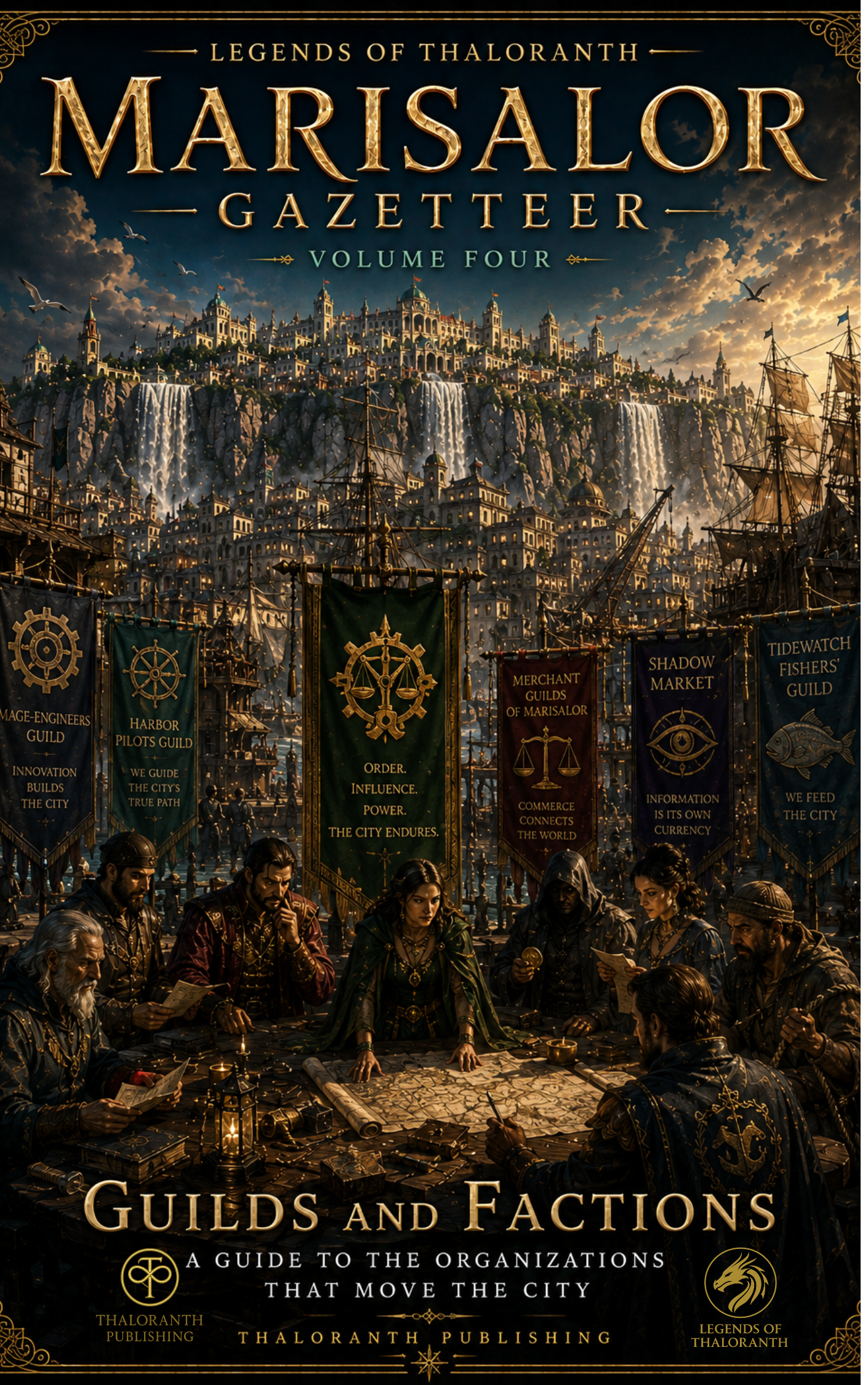 Cover of Legends of Thaloranth: Marisalor Gazetteer Volume Four: Guilds and Factions, a fantasy RPG sourcebook exploring Marisalor's guilds, secret organizations, intelligence networks, and political intrigue.