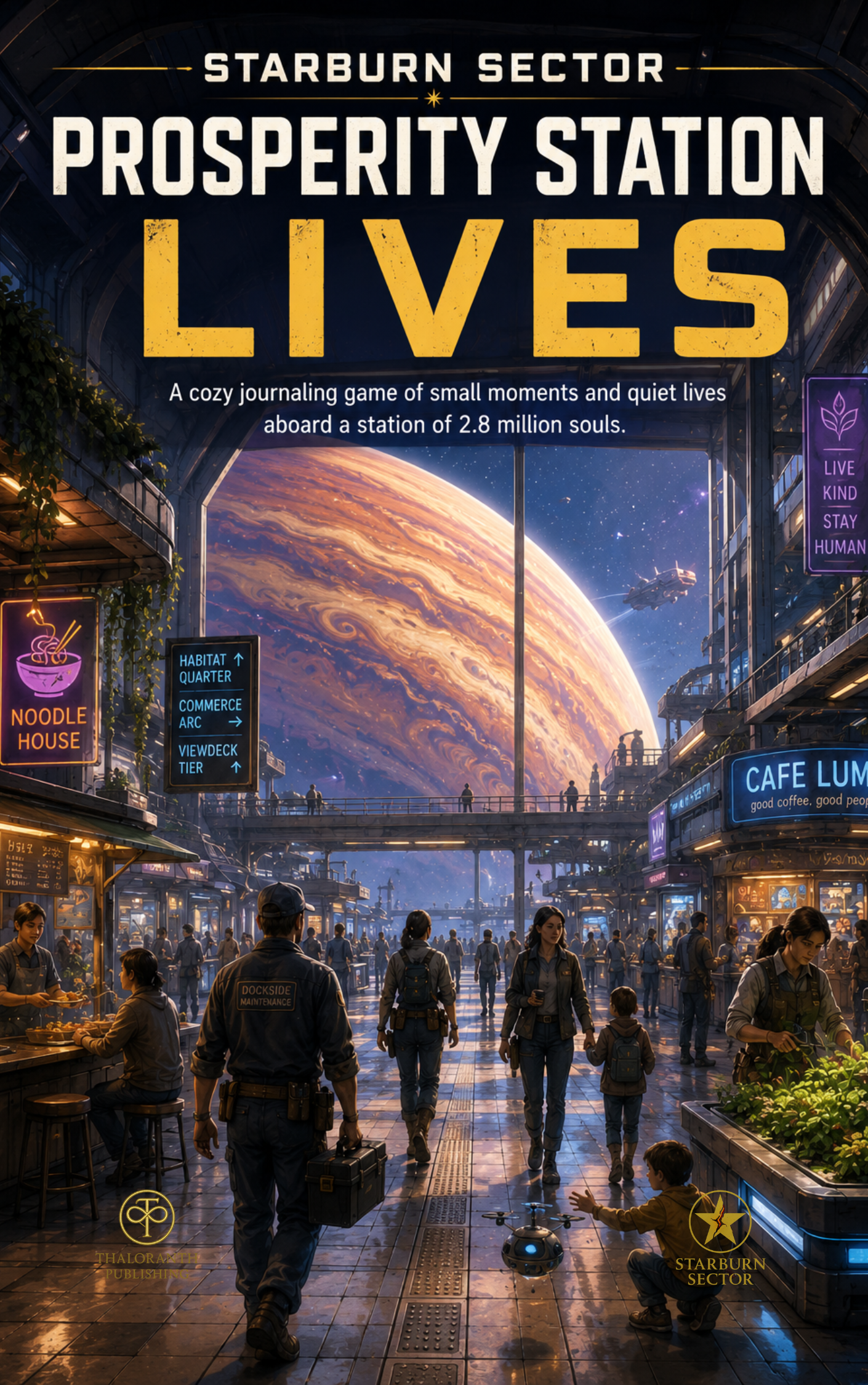 Cover of Starburn Sector: Prosperity Station Lives, a cozy solo journaling roleplaying game set aboard a bustling space station where ordinary people build meaningful lives among millions of residents.