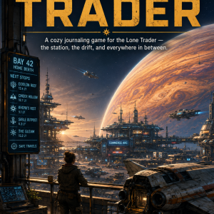Cover of Starburn Sector: Prosperity Station Trader, a cozy solo journaling roleplaying game following a lone trader who travels between familiar worlds, building relationships and finding meaning among the stars.