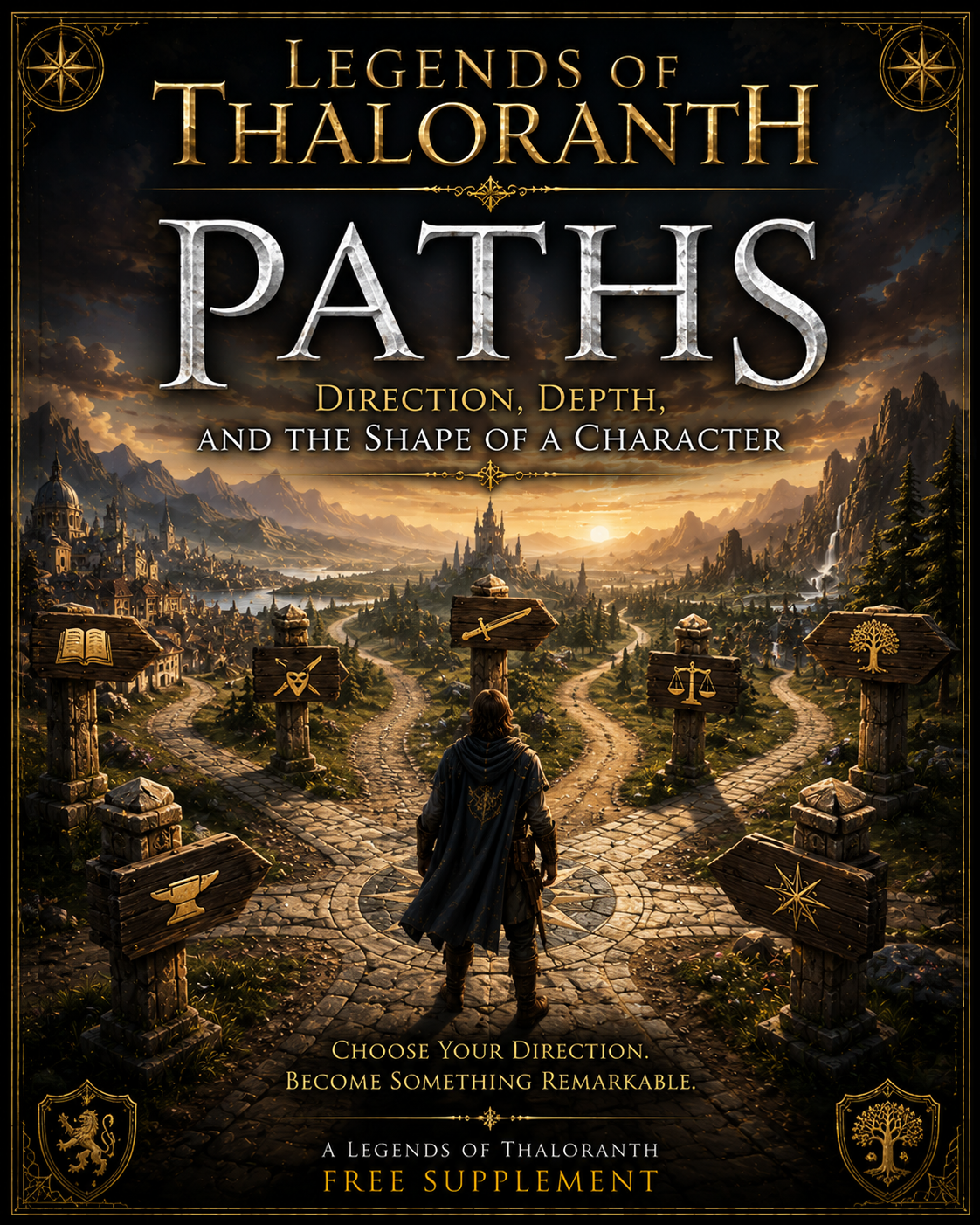 Legends of Thaloranth Paths cover showing a traveler at a crossroads