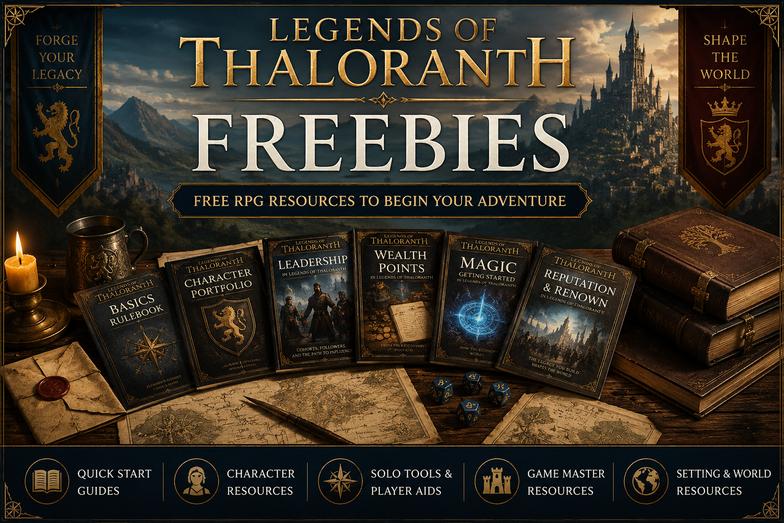 Legends of Thaloranth Free RPG downloads banner featuring books, maps, dice, and fantasy artwork